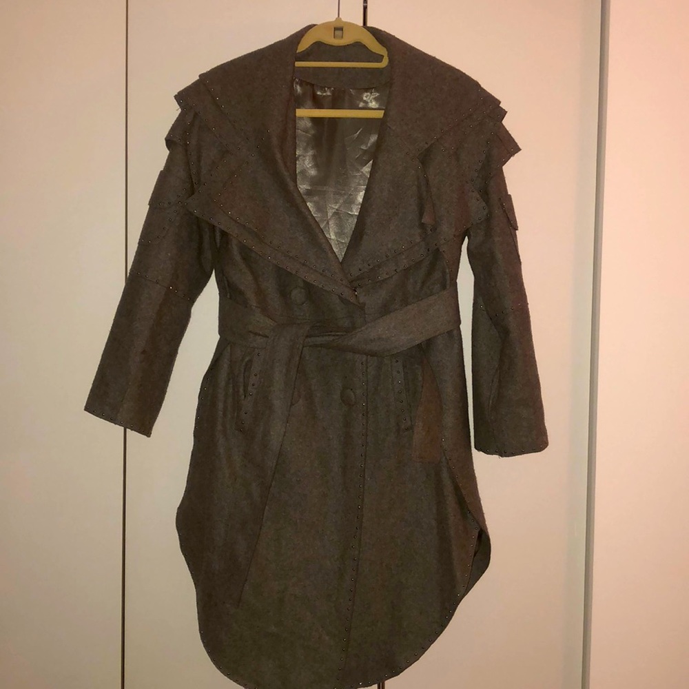 Grey flannel coat with stud detail